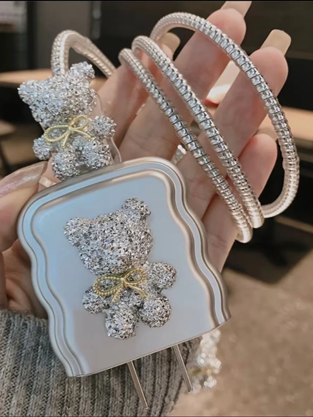 Silver Cartoon Bear Charger Protector